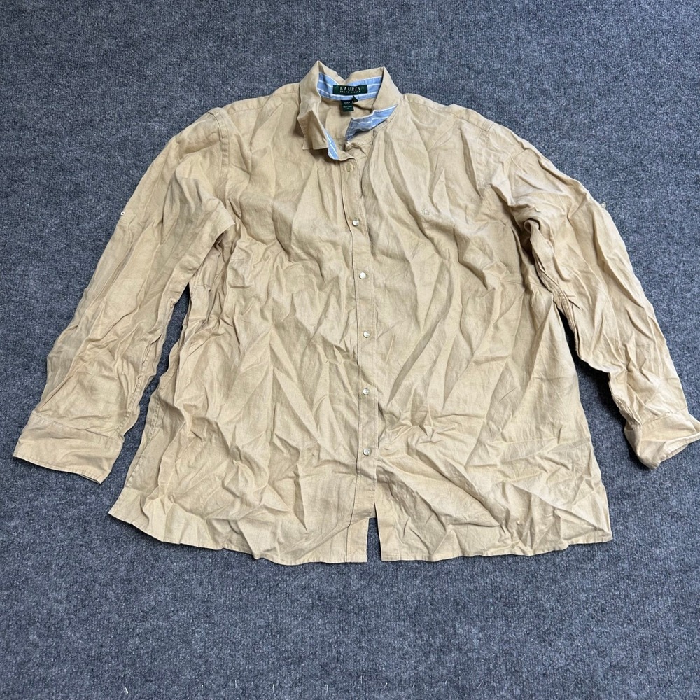 Lauren Ralph Lauren Shirt Womens Size 2X Tan Linen Long Sleeve Button Down Top